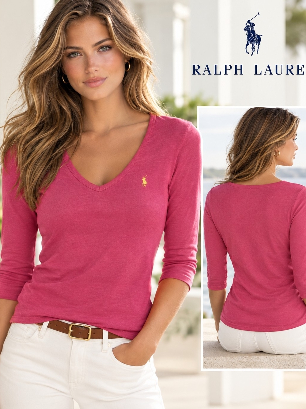 Ralph Lauren Pink V-Neck Long Sleeve Tee with Gold Pony